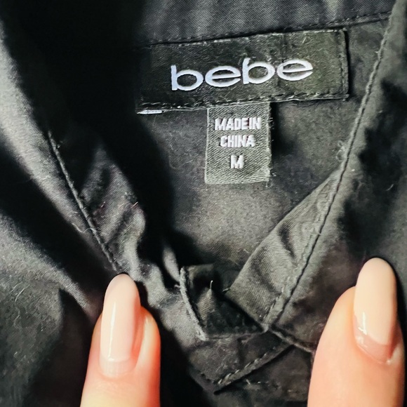 2000s BEBE Black Cotton Ruffled Puff Sleeve Blouse Medium Vintage Y2K Victorian - Picture 5 of 7